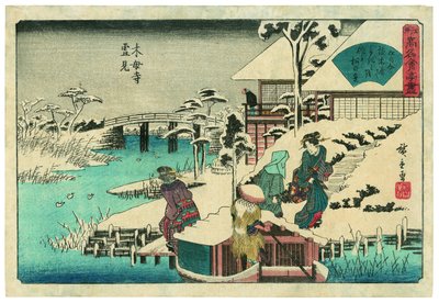 Schnee betrachten am Tempel Mokubōji: das Uekiya-Restaurant von Utagawa Hiroshige