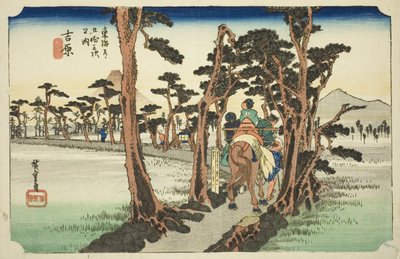 Yoshiwara: Berg Fuji auf der linken Seite (Yoshiwara, hidari Fuji), aus der Serie "Dreiundfünfzig Stationen der Tokaido-Straße (Tokaido gojusan tsugi no uchi)", auch bekannt als die Hoeido Tokaido von Utagawa Hiroshige