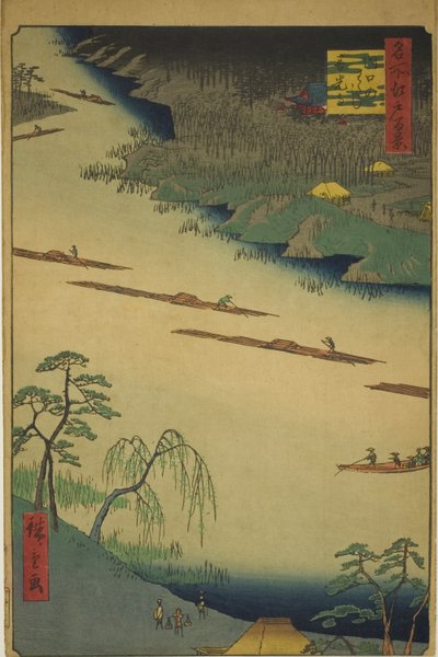 Zenkoji-Tempel und die Fähre bei Kawaguchi (Kawaguchi no watashi Zenkoji), aus der Serie "Hundert berühmte Ansichten von Edo (Meisho Edo hyakkei)" von Utagawa Hiroshige