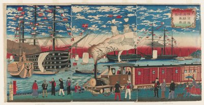 Bild einer Lokomotive entlang der Yokohama-Wasserfront, Yokohama, Edo-Periode von Utagawa Hiroshige III