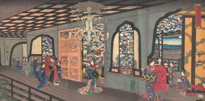 Obergeschoss des Gankiro-Teehauses in Yokohama, 4. Monat, 1860 von Utagawa Hiroshige II