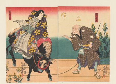Bauer begleitet Höfling auf schwarzem Ochsen von Utagawa Kunisada (I)