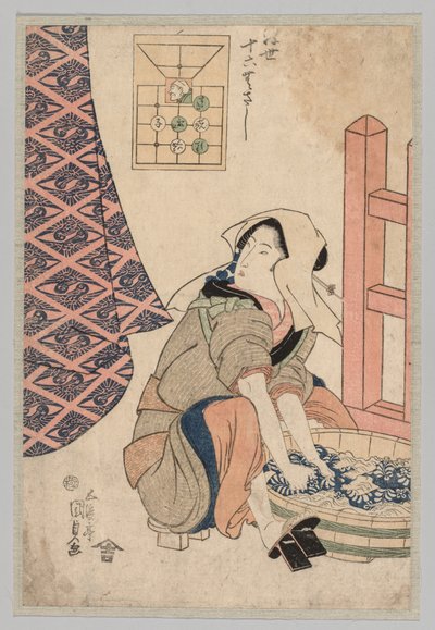 Sitzende Frau wäscht Kleidung in einem Holzzuber von Utagawa Kunisada