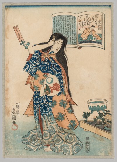 Frau mit einem Fächer in der linken Hand, die ihr Haar kämmt von Utagawa Kunisada