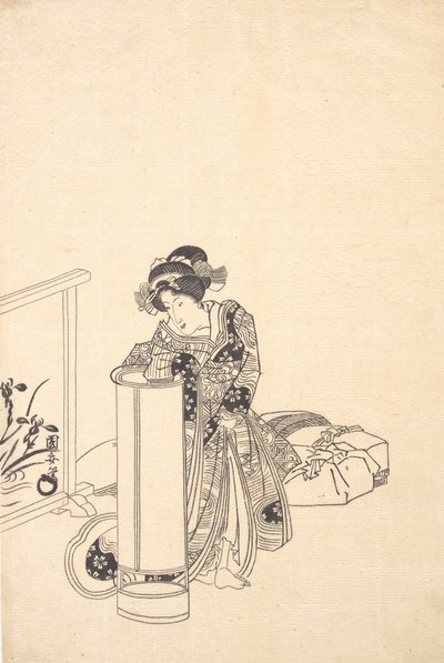 Junge Frau, die sich über eine hohe Lampe beugt von Utagawa Kuniyasu