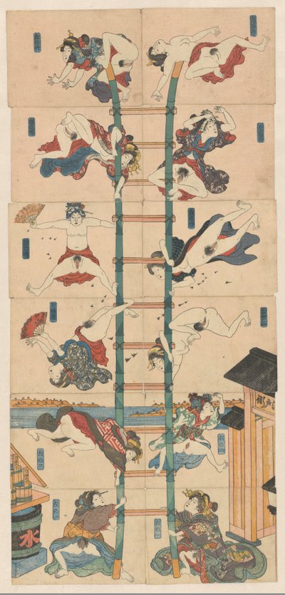 Serie von zwölf Koban Shunga mit Prostituierten in der Rolle von akrobatischen Feuerwehrleuten von Utagawa Kuniyoshi (school of)