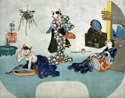 Anthropomorphe Katzen entspannen sich im Sommer, ca. 1842 von Utagawa Kuniyoshi