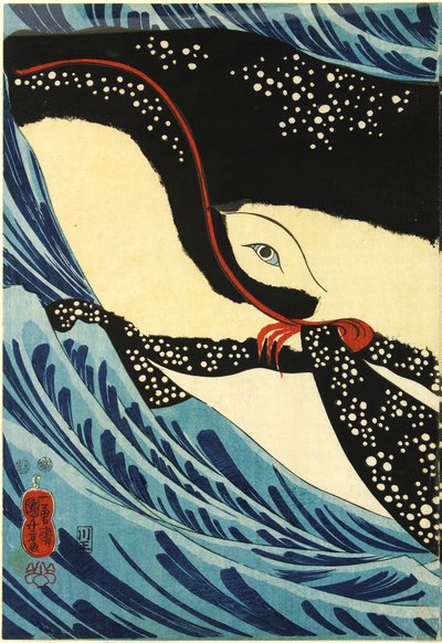 Farbholzschnitt-Triptychon, das den großen Schwertkämpfer Miyamoto Musashi zeigt, wie er einen riesigen Wal vor der Küste der Provinz Hizen angreift: Japan, Edo, von Utagawa Kuniyoshi von Utagawa Kuniyoshi