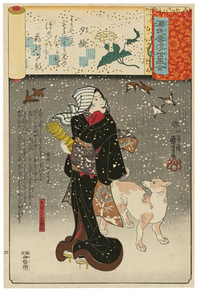 „Die Dame der Abendgesichter“ (Yūgao): Yazamas Frau Orie (Yazama-shi no shitsu Orie), aus der Serie Szenen inmitten von Genji-Wolken, gepaart mit Ukiyo-e-Bildern (Genji-gumo ukiyo e-awase) von Utagawa Kuniyoshi