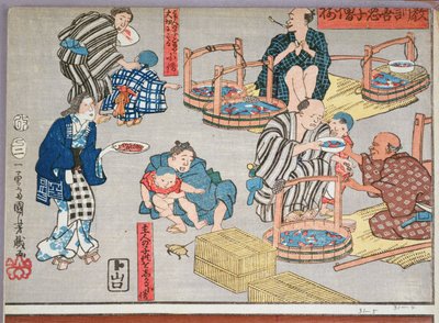 Moralische Lehre für Ladenjungen, gute und schlechte Verhaltensbeispiele, 1857 von Utagawa Kuniyoshi