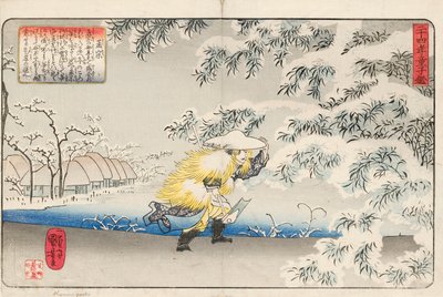 Moso geht durch den Schnee und trägt eine Hacke, um Bambussprossen zu sammeln, um Suppe für seine Mutter zu machen, signiert Ichiyusai Kuniyoshi ga, ca. 1843 von Utagawa Kuniyoshi
