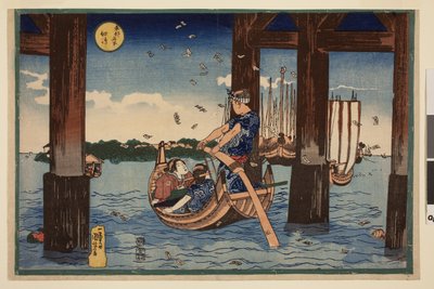 Pilgermarken flattern ins Meer unterhalb der Brücke bei Tsukuda Island, aus der Serie Berühmte Ansichten der östlichen Hauptstadt von Utagawa Kuniyoshi