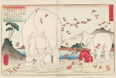Taishun pflügt ein Feld mit Hilfe von Elefanten und einem Spatzenschwarm, signiert Ichiyusai Kuniyoshi ga, ca. 1843 von Utagawa Kuniyoshi