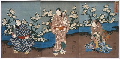 Der Schauspieler Onoe Kikugorō III betrachtet Chrysanthemen und Bach von Utagawa Kuniyoshi
