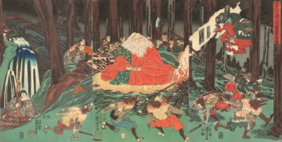Ushiwakamaru lernt die Kunst des Fechtens von den Tengu, beobachtet von ihrem Meister Sojobo von Utagawa Kuniyoshi