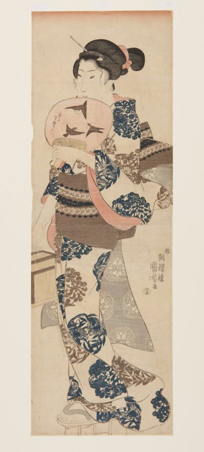 Frau mit Fächer und Insektenkäfig von Utagawa Kuniyoshi