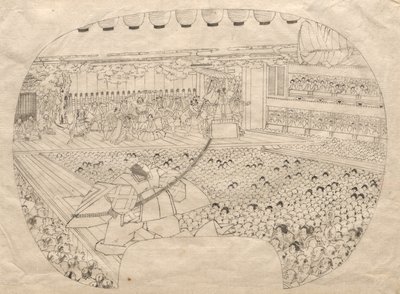 Entwurf für einen fächerförmigen Druck des Kabuki-Theaters von Utagawa Sadahide