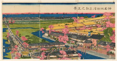 Panoramablick auf das Vergnügungsviertel in Yokohama, Kanagawa (Kanagawa Yokohama hanakuruwa no kokei) von Utagawa Sadahide