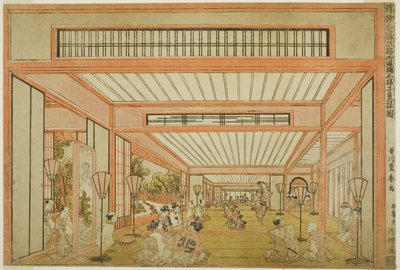 Ansichten von Empfangsräumen in Japan - Unterhaltungen am Tag der Ratte im modernen Stil (Uki-e wakoku keiseki ozashiki imayo ne no hi no asobi no zu) von Utagawa Toyoharu