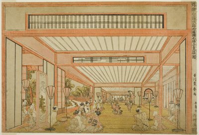 Ansichten von Empfangsräumen in Japan - Unterhaltungen am Tag der Ratte im modernen Stil, ca. 1771-76 von Utagawa Toyoharu