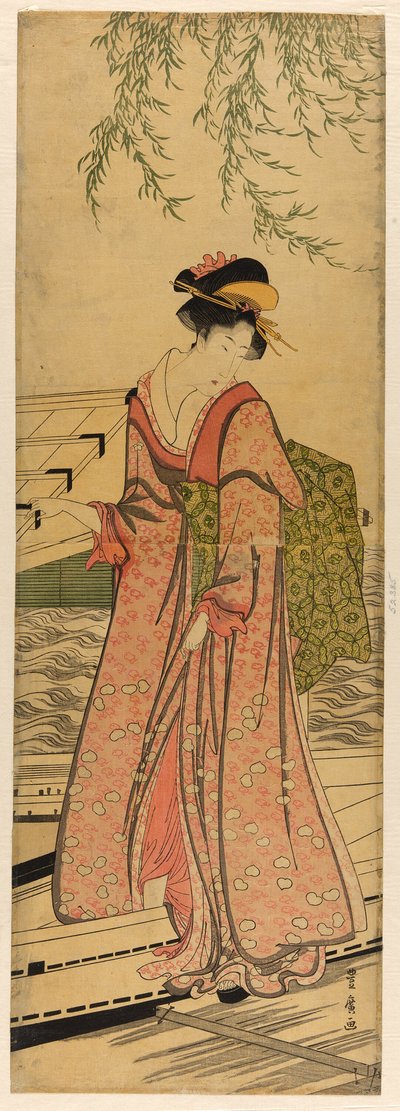 Junge Frau steigt aus einem Boot von Utagawa Toyohiro