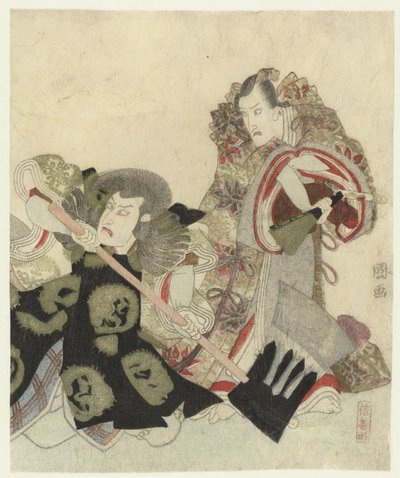 Ichikawa Danjūrō VII als Yoshimune no Munesada mit Fächer und Ichikawa Omezō in der Rolle von Sekibei mit Axt von Utagawa Toyokuni (I)