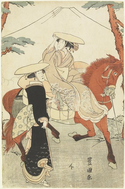 (Zwei Frauen, eine gehend, eine zu Pferd), spätes 18. - frühes 19. Jahrhundert von Utagawa Toyokuni