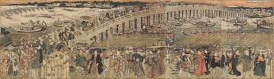 Abkühlung an der Ryogoku-Brücke in Edo, ein Pentaptychon von Utagawa Toyokuni