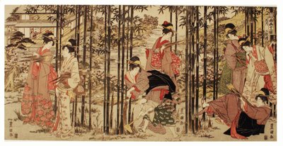 Der fünfte Monat, ein Satz von drei, aus der Serie "Zwölf Monate von den Zwillingspinseln Toyohiro und Toyokuni" von Utagawa Toyokuni I