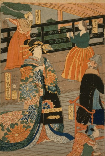Besucher aus verschiedenen Nationen genießen eine Party im Fächerraum des Gankir?, 1860 von Utagawa Yoshiiku