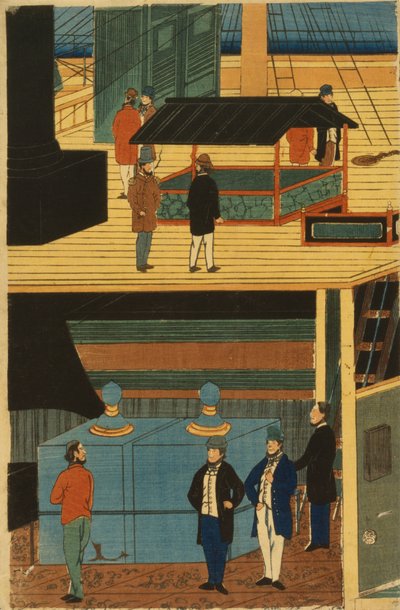 Ein amerikanisches Dampfschiff mit einer Gruppe von Passagieren unter Deck und Aktivitäten an Deck von Utagawa Yoshikazu