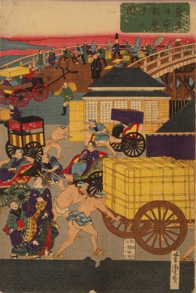 Blühender Nihonbashi-Abschnitt von Tokio. Tokio Nihonbashi han ei no zu Triptychon von Utagawa Yoshitora