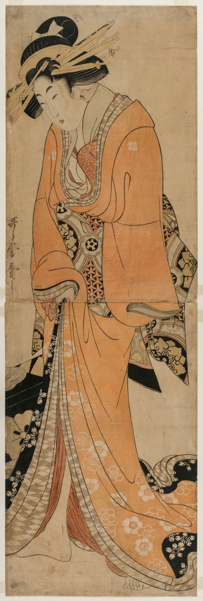 Geisha steht neben einem Shamisen-Kasten, ca. 1810 von Utamaro II
