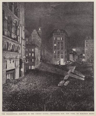 Newspaper Row, New York City, in der Nacht der US-Präsidentschaftswahl, 8. November 1892 von V. Perard