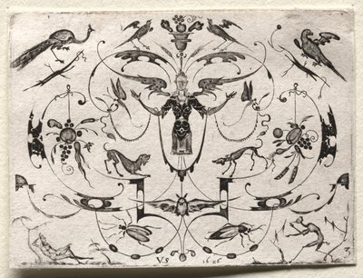 Arabeske mit Pfau, Sittich, Hunden und Insekten von Valentin Sezenius