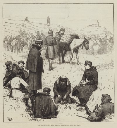 Der Krieg in Spanien, König Alfonso frühstückt mit seinem Stab von Valentine Walter Lewis Bromley