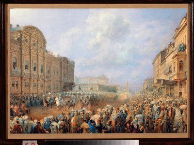 Parade auf der Newa-Allee (Nevski-Prospekt) am Belosselski-Belozerski-Palast von Vasili Semenovich Sadovnikov