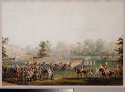 Militärparade auf der Wiese des Elagin-Palastes in Sankt Petersburg von Vasili Semenovich Sadovnikov