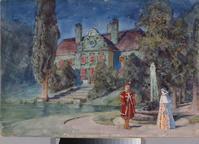 Bühnenbildentwurf, ein Garten vor einem Haus, für die Oper "Boris Godunow" von Modest Mussorgski von Vasilij Dmitrievich Polenov