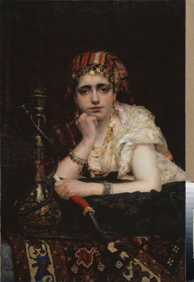 Eine Odaliske. (Porträt einer Haremsfrau mit melancholischem Blick, die eine Wasserpfeife hält). Gemälde von Vasili Dmitrievich Polenov (1844-1927) von Vasilij Dmitrievich Polenov