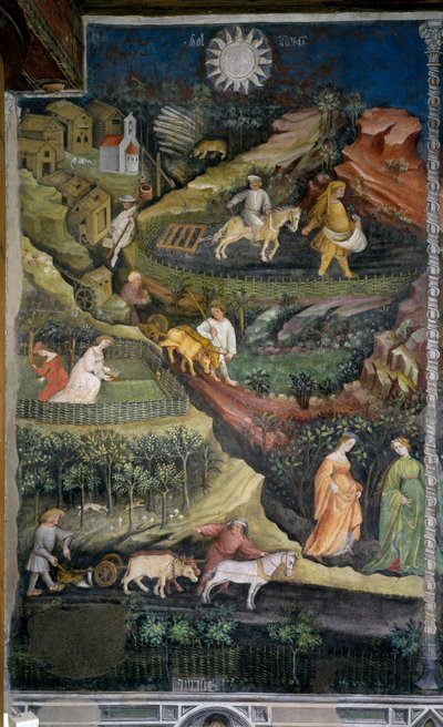 April: Pflügen und Säen der Felder. Agrarszene mit Pflug, Egge und landwirtschaftlichen Werkzeugen auf dem Land. Gemälde des Meisters der Monate oder Meister Wenzel (Anfang des 15. Jahrhunderts) von Venceslao Maestro
