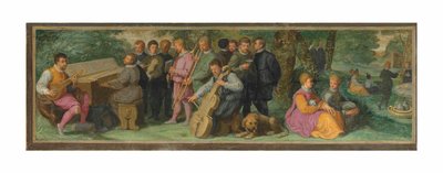 Ein pastorales Konzert mit eleganten Figuren, die eine Zister, ein Klavichord, eine Violine, eine Kornett, eine Posaune und ein Violoncello spielen von Venetian School