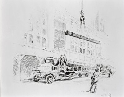 Stahlträger wird vom Lastwagen hochgezogen, um beim Bau des Empire State Building verwendet zu werden, veröffentlicht von William Edwin Rudge von Vernon Howe Bailey