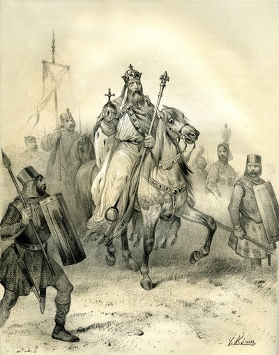 Kaiser Karl der Große, der die Machtinsignien trägt, reitet an der Spitze seiner Truppen. Gravur von Victor Adam (1801-1866) im Buch „Frankreich im Mittelalter“ veröffentlicht von den Ardant-Brüdern im 19. Jahrhundert. von Victor Adam