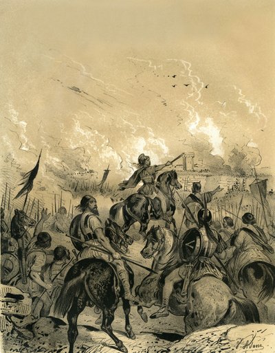 Die Gallier eroberten Rom nach der Schlacht an der Allia im Jahr 390. Gravur von Victor Adam (1801-1866) im Buch "Frankreich im Mittelalter" veröffentlicht von den Ardant-Brüdern im mittleren 19. Jahrhundert. von Victor Adam