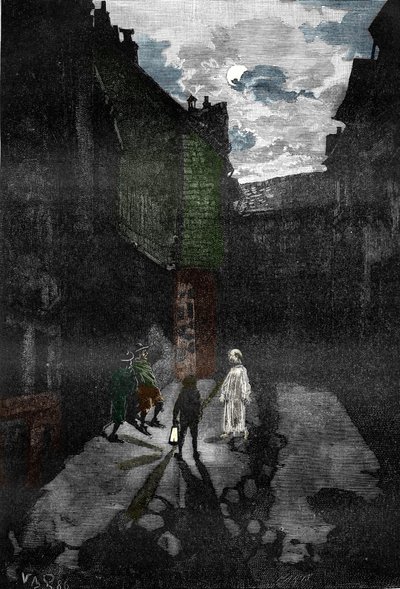 Paranormales Phänomen: „Erscheinung eines Geistes im Hof eines Spukschlosses“. Gravur aus „Les mysteres de la science“ von Louis Figuier, Privatsammlung von Victor Armand Poirson