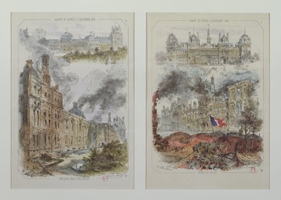 Ansichten des Tuilerienpalastes und des Hôtel de Ville vor und nach den Bränden von 1871 von Victor Coindre