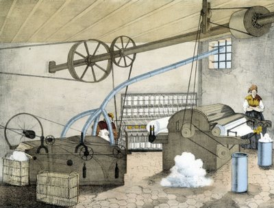 Mechanisches Spinnen - Litho von Janson. 19. Jahrhundert. von Victor Janson