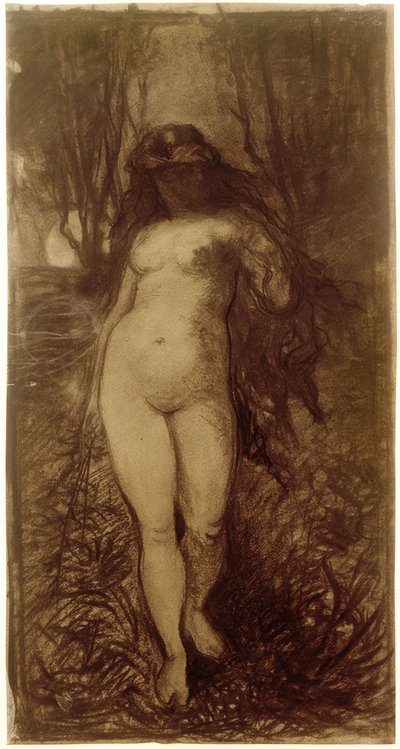 Weiblicher Akt in nächtlicher Landschaft bei aufgehendem Vollmond von Victor Müller