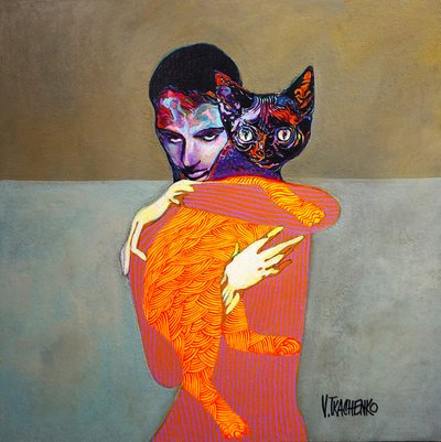 Lebhafter Mann-Katze-Umarmung von Victor Tkachenko